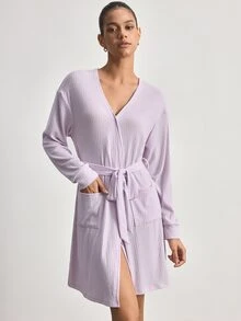 Ocili Women's Solid Color Dropped Shoulder Long Sleeve Casual Loungewear Robe - Mauve Purple - View 4