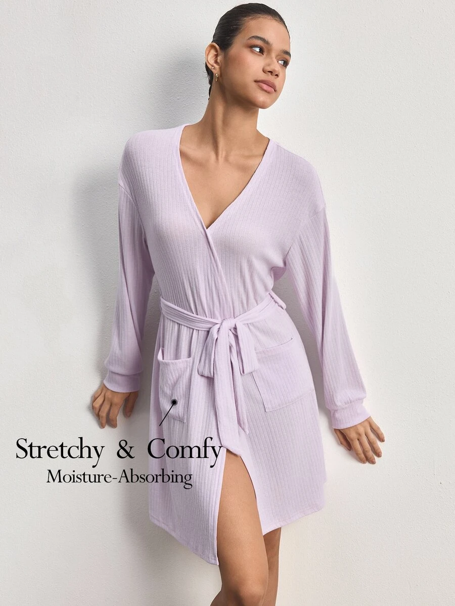 Ocili Women's Solid Color Dropped Shoulder Long Sleeve Casual Loungewear Robe - Mauve Purple - View 1