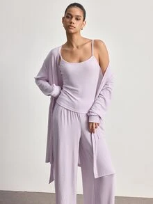 Ocili Women's Solid Color Dropped Shoulder Long Sleeve Casual Loungewear Robe - Mauve Purple - View 3