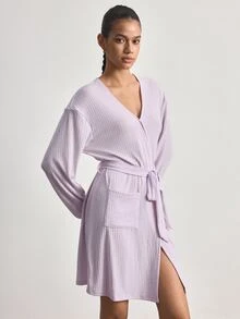 Ocili Women's Solid Color Dropped Shoulder Long Sleeve Casual Loungewear Robe - Mauve Purple - View 5