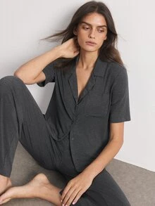 Ocili Women's Solid Color Pocket Short Sleeve Top And Pants Casual Daily Home Wear Set - Dark Grey - View 6