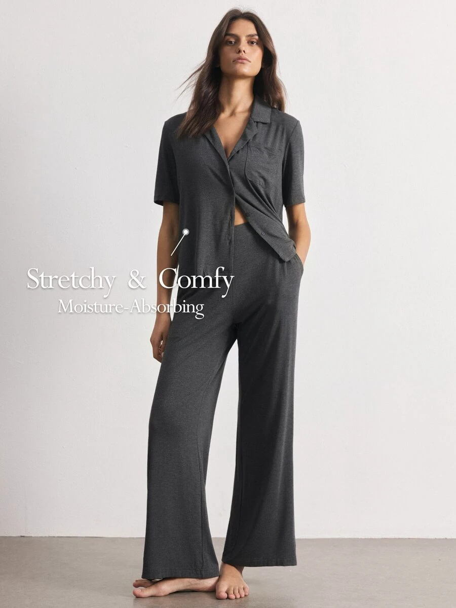 Ocili Women's Solid Color Pocket Short Sleeve Top And Pants Casual Daily Home Wear Set - Dark Grey - View 1