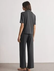 Ocili Women's Solid Color Pocket Short Sleeve Top And Pants Casual Daily Home Wear Set - Dark Grey - View 2