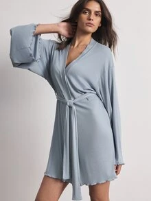 Ocili Women's Solid Color Waist Tie Casual Daily Loungewear Robe - Dusty Blue - View 6