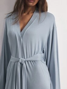 Ocili Women's Solid Color Waist Tie Casual Daily Loungewear Robe - Dusty Blue - View 7