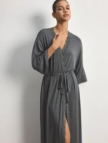 Ocili Modal Comfortable Lace Women's Loungewear Robe - Dark Grey - View 2