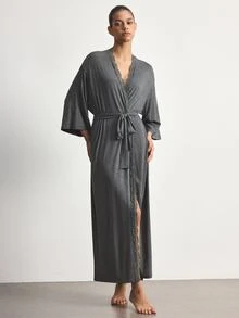 Ocili Modal Comfortable Lace Women's Loungewear Robe - Dark Grey - View 4