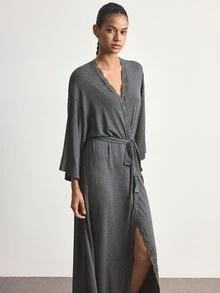 Ocili Modal Comfortable Lace Women's Loungewear Robe - Dark Grey - View 5