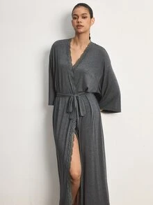 Ocili Modal Comfortable Lace Women's Loungewear Robe - Dark Grey - View 6