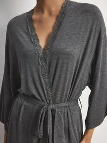Ocili Modal Comfortable Lace Women's Loungewear Robe - Dark Grey - View 7