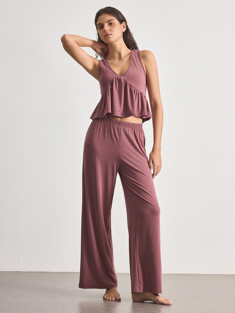 Ocili Women's Solid Color Ruffle Hem Tank Top And Pants Loungewear Set - Redwood - View 4