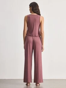 Ocili Women's Solid Color Ruffle Hem Tank Top And Pants Loungewear Set - Redwood - View 3