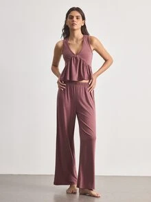 Ocili Women's Solid Color Ruffle Hem Tank Top And Pants Loungewear Set - Redwood - View 2