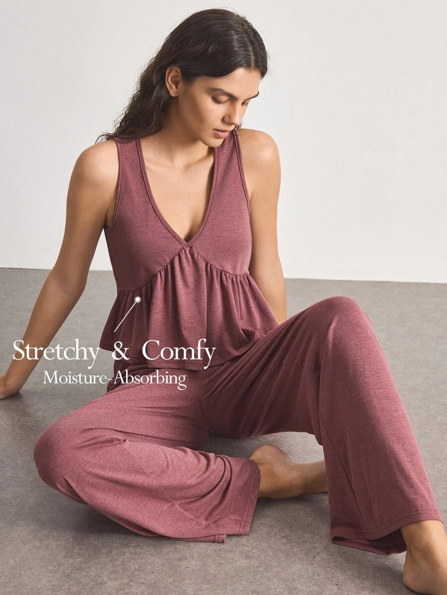 Ocili Women's Solid Color Ruffle Hem Tank Top And Pants Loungewear Set - Redwood - View 1
