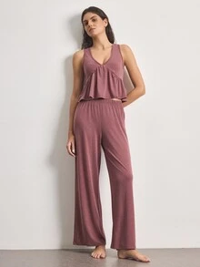 Ocili Women's Solid Color Ruffle Hem Tank Top And Pants Loungewear Set - Redwood - View 7