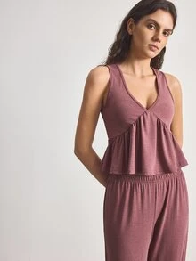 Ocili Women's Solid Color Ruffle Hem Tank Top And Pants Loungewear Set - Redwood - View 6