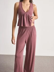 Ocili Women's Solid Color Ruffle Hem Tank Top And Pants Loungewear Set - Redwood - View 5
