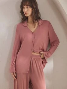 Ocili Women's Solid Color Front Button Dropped Shoulder Long Sleeve Top & Pants Casual Pajama Set, Winter Clothes - Rusty Rose - View 6