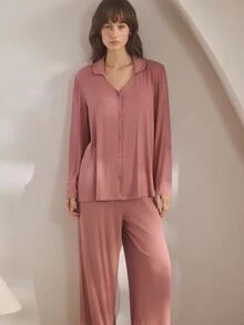 Ocili Women's Solid Color Front Button Dropped Shoulder Long Sleeve Top & Pants Casual Pajama Set, Winter Clothes - Rusty Rose - View 5