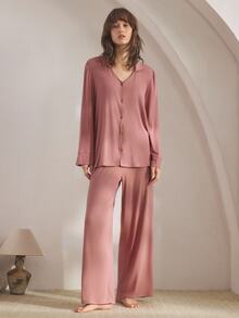 Ocili Women's Solid Color Front Button Dropped Shoulder Long Sleeve Top & Pants Casual Pajama Set, Winter Clothes - Rusty Rose - View 3
