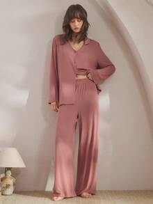 Ocili Women's Solid Color Front Button Dropped Shoulder Long Sleeve Top & Pants Casual Pajama Set, Winter Clothes - Rusty Rose - View 4