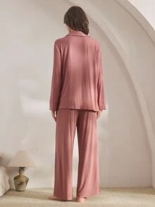 Ocili Women's Solid Color Front Button Dropped Shoulder Long Sleeve Top & Pants Casual Pajama Set, Winter Clothes - Rusty Rose - View 2