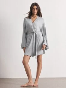 Ocili 女款純色腰帶繫帶休閒日常居家睡袍 - 淺灰色 - 查看 2