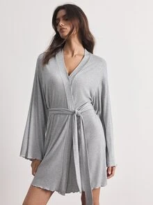 Ocili 女款純色腰帶繫帶休閒日常居家睡袍 - 淺灰色 - 查看 4