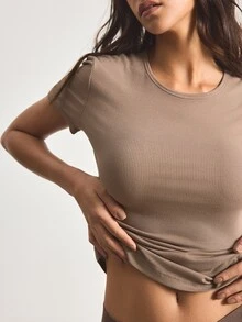 Ocili 1 buah Atasan Lengan Pendek Kasual Wanita Warna Cokelat yang Nyaman - Coklat - View 3