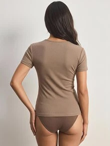 Ocili 1 buah Atasan Lengan Pendek Kasual Wanita Warna Cokelat yang Nyaman - Coklat - View 2