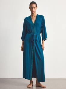 Ocili Modal Comfortable Lace Women's Loungewear Robe - Teal Blue - View 4
