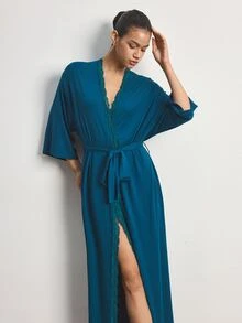 Ocili Modal Comfortable Lace Women's Loungewear Robe - Teal Blue - View 2