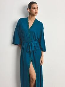 Ocili Modal Comfortable Lace Women's Loungewear Robe - Teal Blue - View 7
