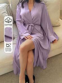 DAZY Cárdigan de manga larga de corte holgado y unicolor minimalista, bata de pijama casual para mujer - Púrpura malva - Ver 3