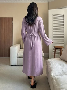 DAZY Cárdigan de manga larga de corte holgado y unicolor minimalista, bata de pijama casual para mujer - Púrpura malva - Ver 2