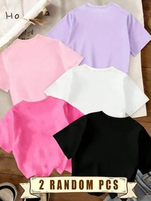 SHEIN Elladie kids (2件隨機)女童時尚清新亮片嬰兒粉色蝴蝶結裝飾圖案印花基本款短袖T恤 返校季夏季校園 - 彩色 - 查看 2