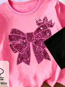 SHEIN Elladie kids (2件隨機)女童時尚清新亮片嬰兒粉色蝴蝶結裝飾圖案印花基本款短袖T恤 返校季夏季校園 - 彩色 - 查看 4