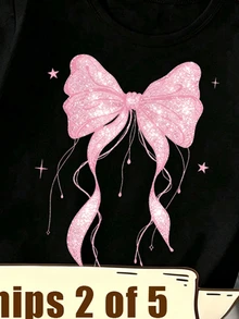SHEIN Elladie kids (2件隨機)女童時尚清新亮片嬰兒粉色蝴蝶結裝飾圖案印花基本款短袖T恤 返校季夏季校園 - 彩色 - 查看 8