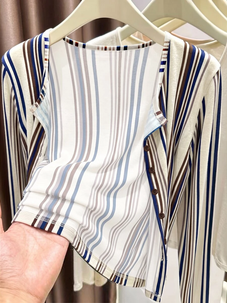INAWLY Women's Striped Front Button Long Sleeve Top - Brown - View 1