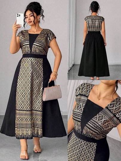 Elenzga Plus Size Gold Foil Print Fabric Patchwork Solid Color Fabric 2 In 1 Integrated Sleeve Cinched Waist A-Line Long Dress Elegant For Outings, Dates, Gatherings And Parties