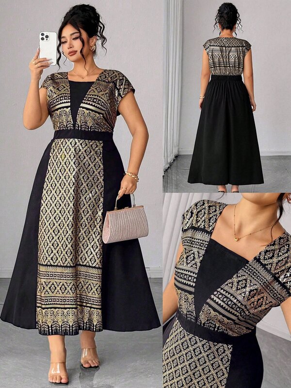 Elenzga Plus Size Gold Foil Print Fabric Patchwork Solid Color Fabric 2 In 1 Integrated Sleeve Cinched Waist A-Line Long Dress Elegant For Outings, Dates, Gatherings And Parties