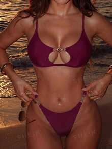 SHEIN Swim Summerbeach Women's Solid Color Metal Decor Cami Top And Shorts Bikini Set - Burgundy - View 1