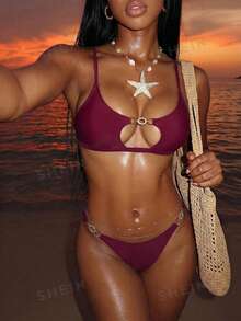 SHEIN Swim Summerbeach Women's Solid Color Metal Decor Cami Top And Shorts Bikini Set - Burgundy - View 3