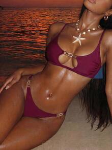 SHEIN Swim Summerbeach Women's Solid Color Metal Decor Cami Top And Shorts Bikini Set - Burgundy - View 4