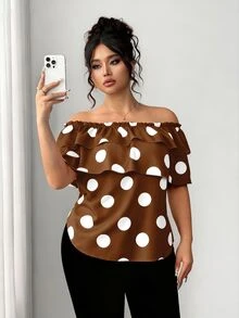 Elenzga Plus Size Women Classic Polka Dot Print Ruffle Off-Shoulder Blouse - Mocha Brown - View 3
