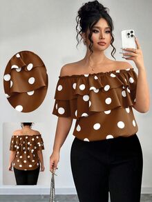 Elenzga Plus Size Women Classic Polka Dot Print Ruffle Off-Shoulder Blouse - Mocha Brown - View 6
