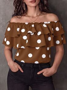 Elenzga Plus Size Women Classic Polka Dot Print Ruffle Off-Shoulder Blouse - Mocha Brown - View 8