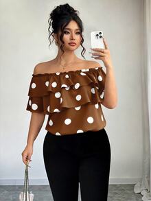 Elenzga Plus Size Women Classic Polka Dot Print Ruffle Off-Shoulder Blouse - Mocha Brown - View 7