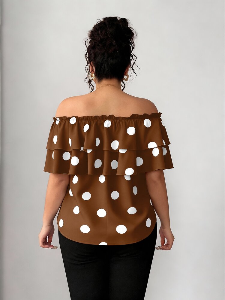 Elenzga Plus Size Women Classic Polka Dot Print Ruffle Off-Shoulder Blouse - Mocha Brown - View 2