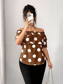 Elenzga Plus Size Women Classic Polka Dot Print Ruffle Off-Shoulder Blouse - Mocha Brown - View 5